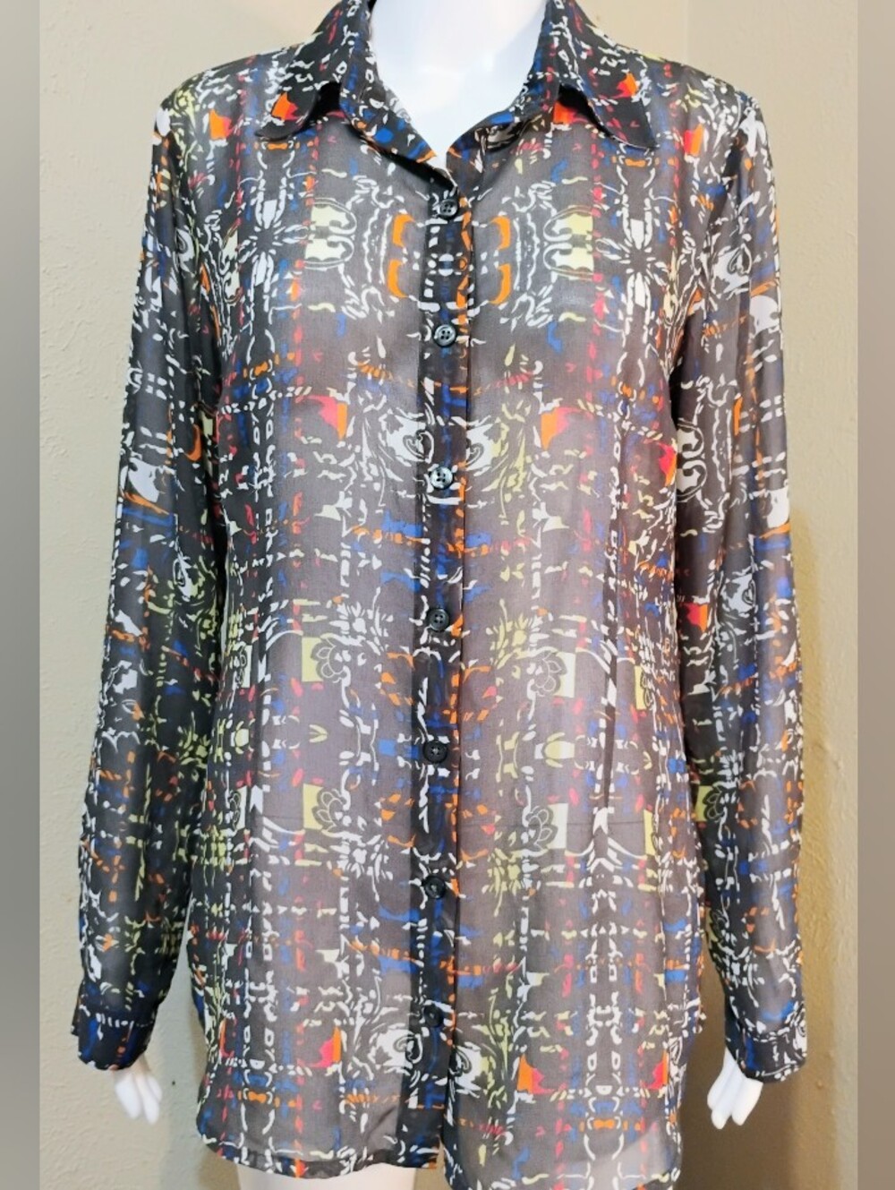 CAbi Sheer Printed Button-Down Blouse